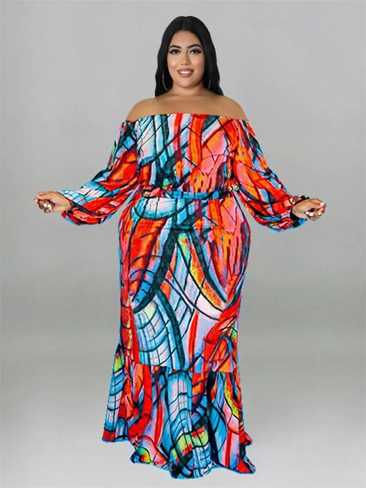 Clothing for Women Plus Size Two Piece Dress Set Long Sleeve Off The Shoulder Top Sexy Large Size Suit Wholesale Dropshipping