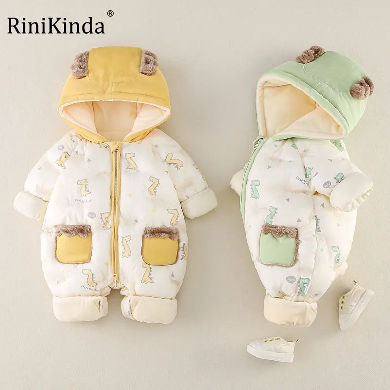 

RiniKinda Toddler Boys Keep Warm Simple Jumpsuit Long Sleeve Jumpsuit Baby Thick Romper Girls Cute Ear Hooded Zipper Clothes