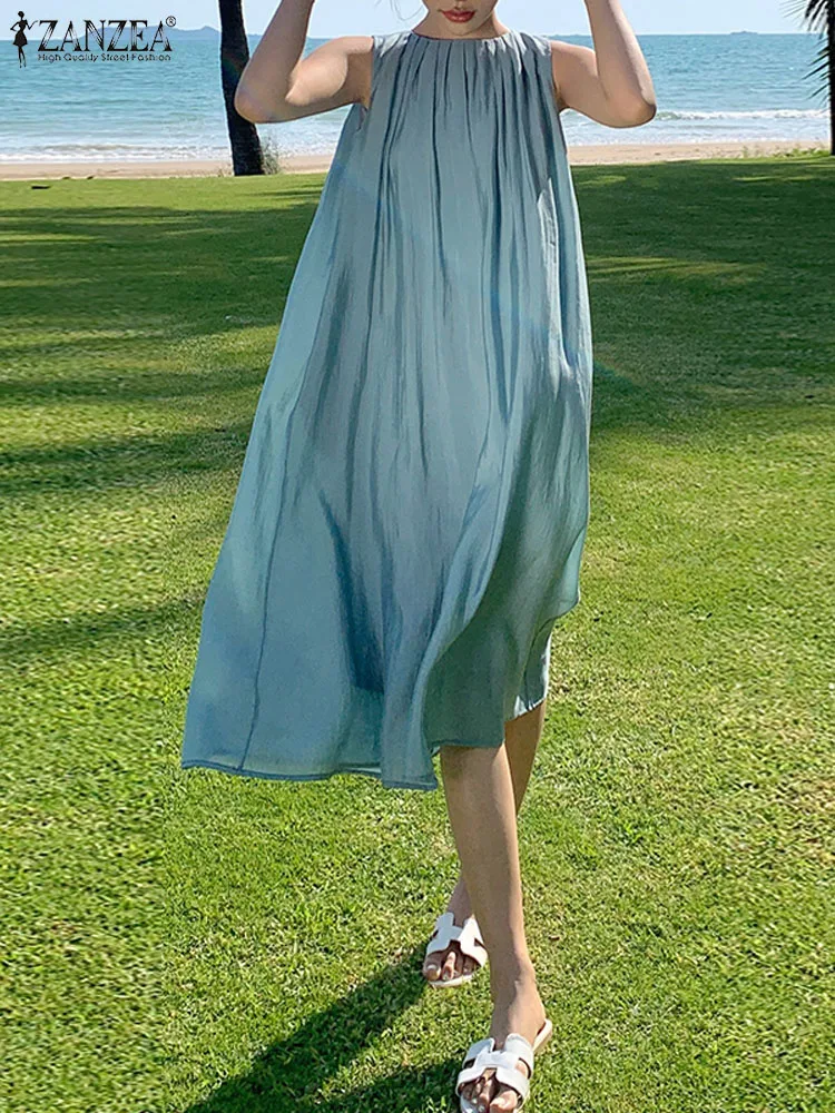 

Платье ZANZEA женское пляжное средней длины, праздничный Повседневный свободный плиссированный сарафан без рукавов, однотонная майка с круглым вырезом, лето 2023