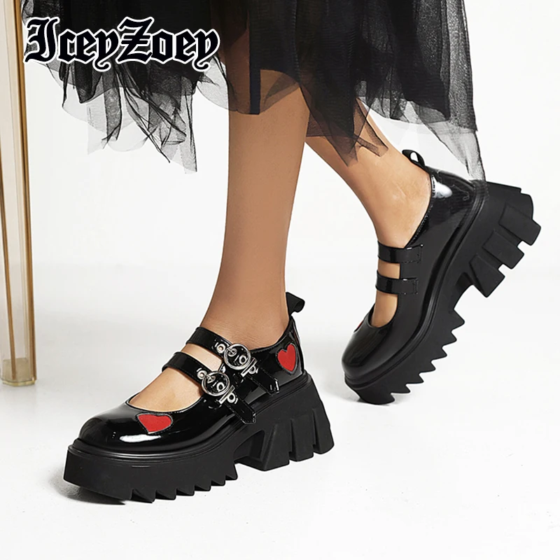 

IceyZoey 2023 Fashion Women Shoes Thick Soled Mary Jane Shoes Small Leather Shoes Metal Buckle Platform Love Pumps Size 35-43