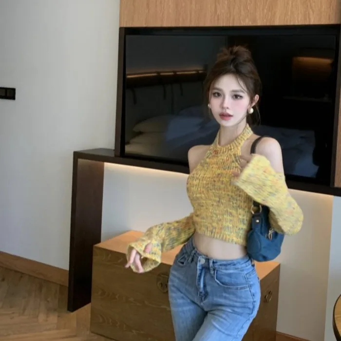 Осень-зима 2024 новый топ с лямкой на шее вязаный свитер рукавами Gyaru сексуальная