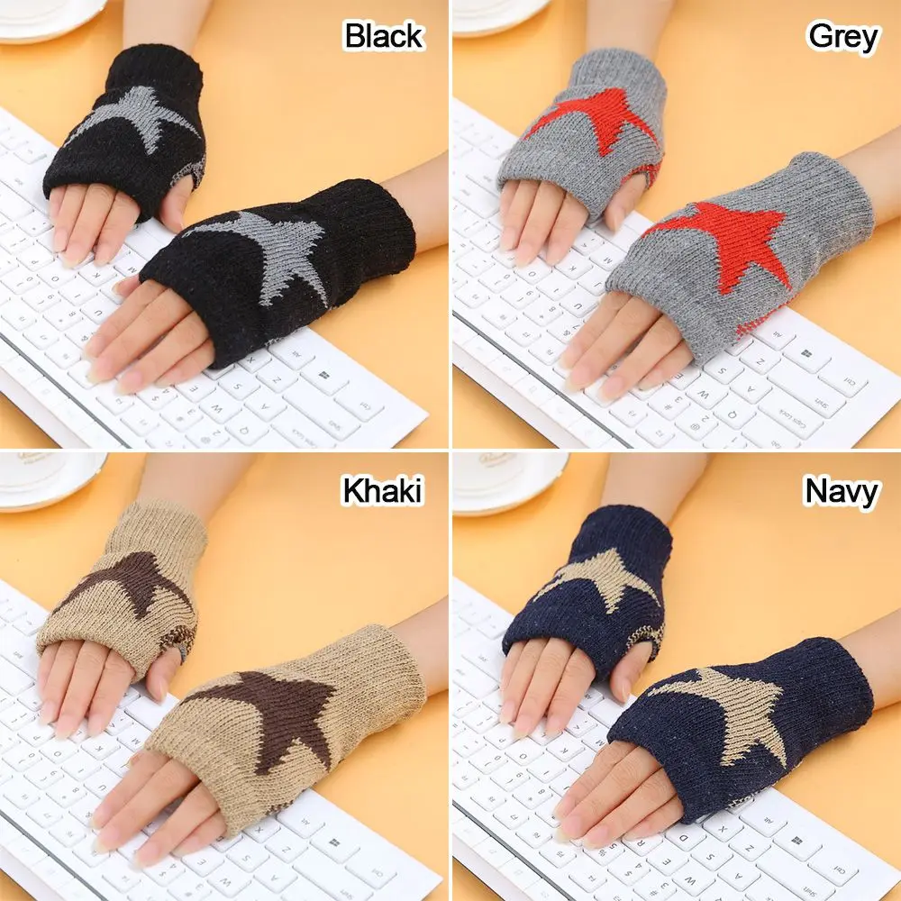 Fashion 5 Star Winter Warm Fingerless Children Mittens Half Finger Stretch Students Gloves