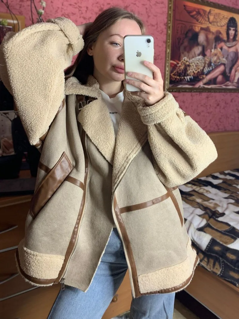 

Модные женские Зимние Куртки из искусственной овечьей шерсти в стиле пэчворк для женщин 2023 утепленные мотоциклетные и байкерские пальто на молнии Верхняя одежда