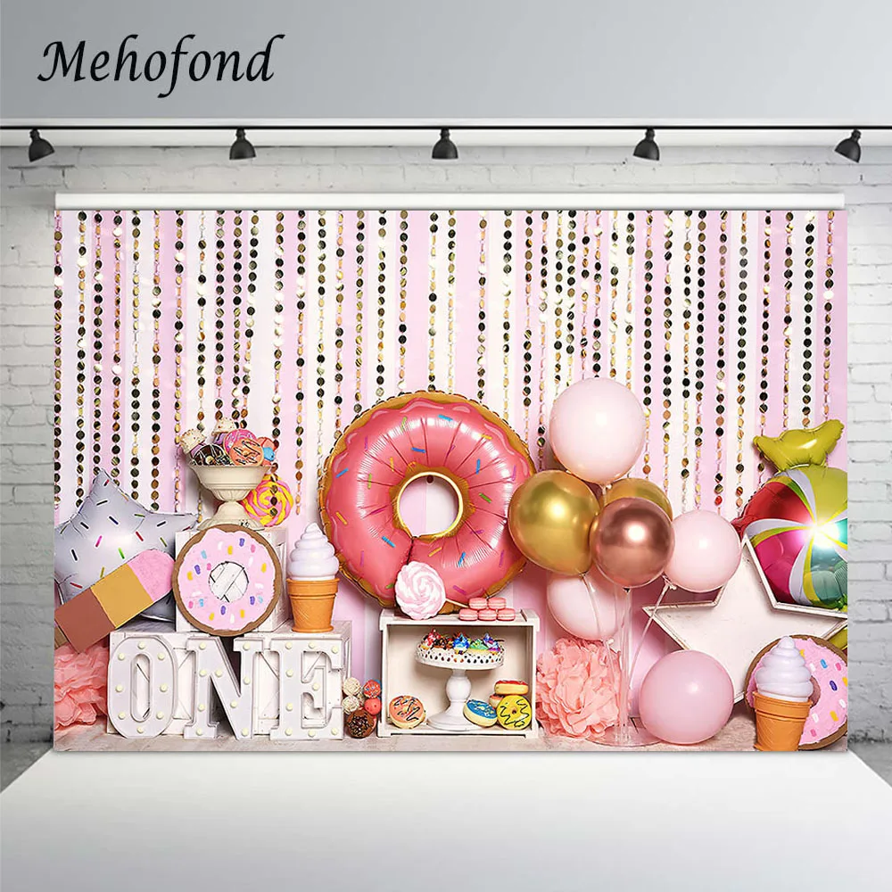 

Sweet One Donut Girl 1st Birthday Backdrop Cake Smash Pink Gold Balloon Ice Cream Photography Background Photo Studio Photozone