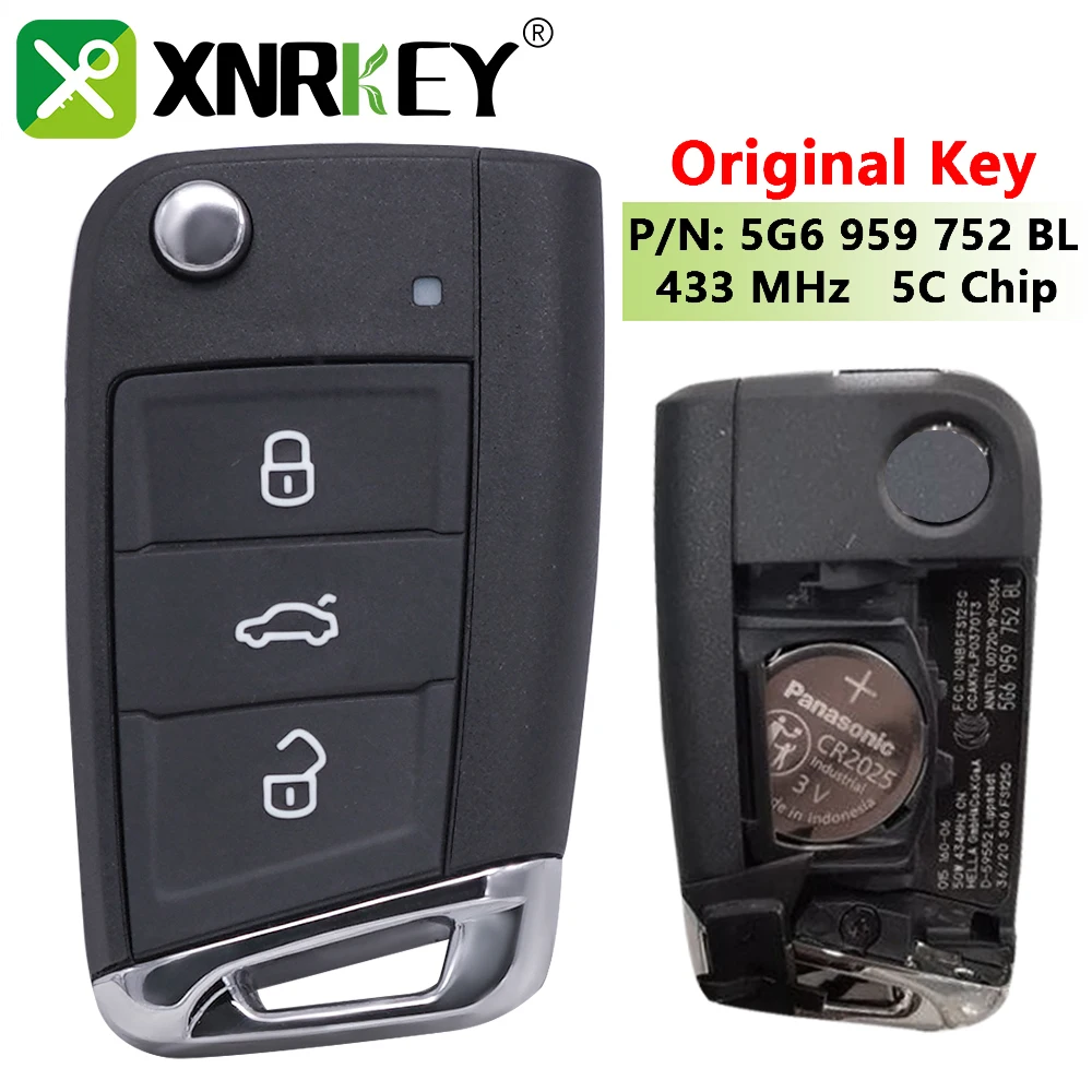 

XNRKEY Original Keyless Go Flip Remote Car Key 5C Chip 433Mhz for VW Volkswagen TAYRON T-ROC Tiguan Car Key Fob 5G6 959 752 BL