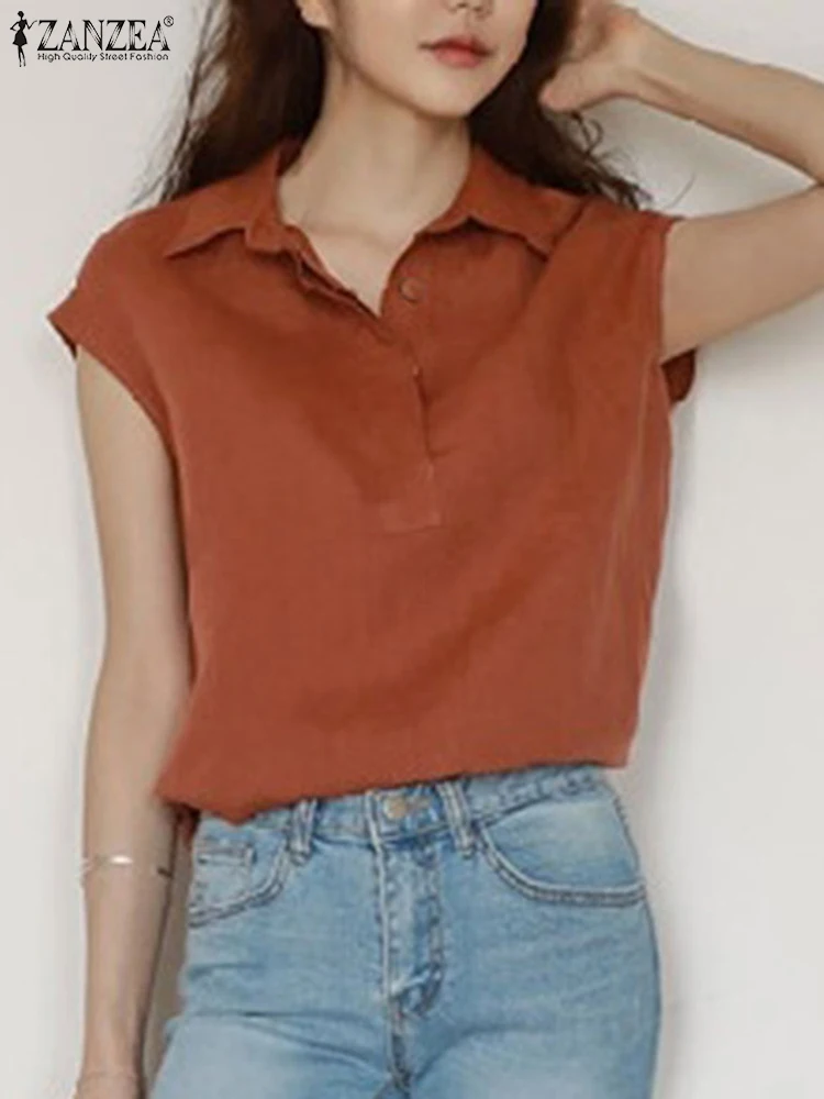 

ZANZEA Work OL Loose Shirt 2022 Women Sleeveless Blouse Lapel Solid Color Cotton Tunic Blusas Femme Fashion Casual Elegant Tops