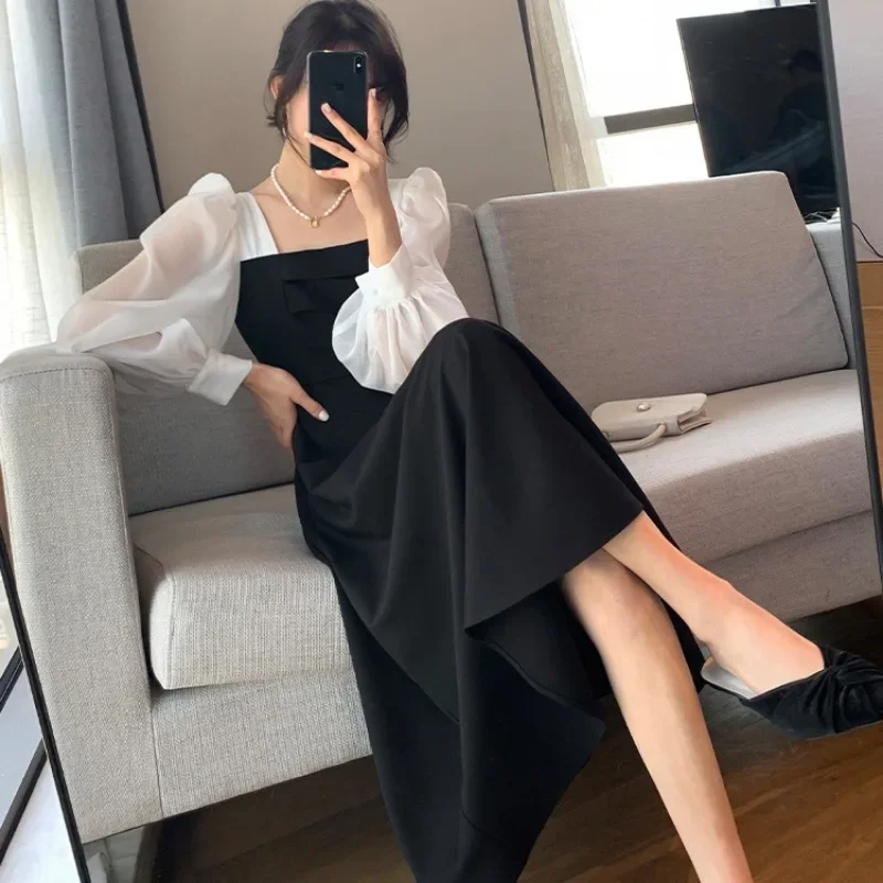 

Women Dress Patchwork Long Sleeves Autumn Dress Solid Color Mid-calf Length Square Neck Dress Y2k Vintage Dress-up Spring Dress