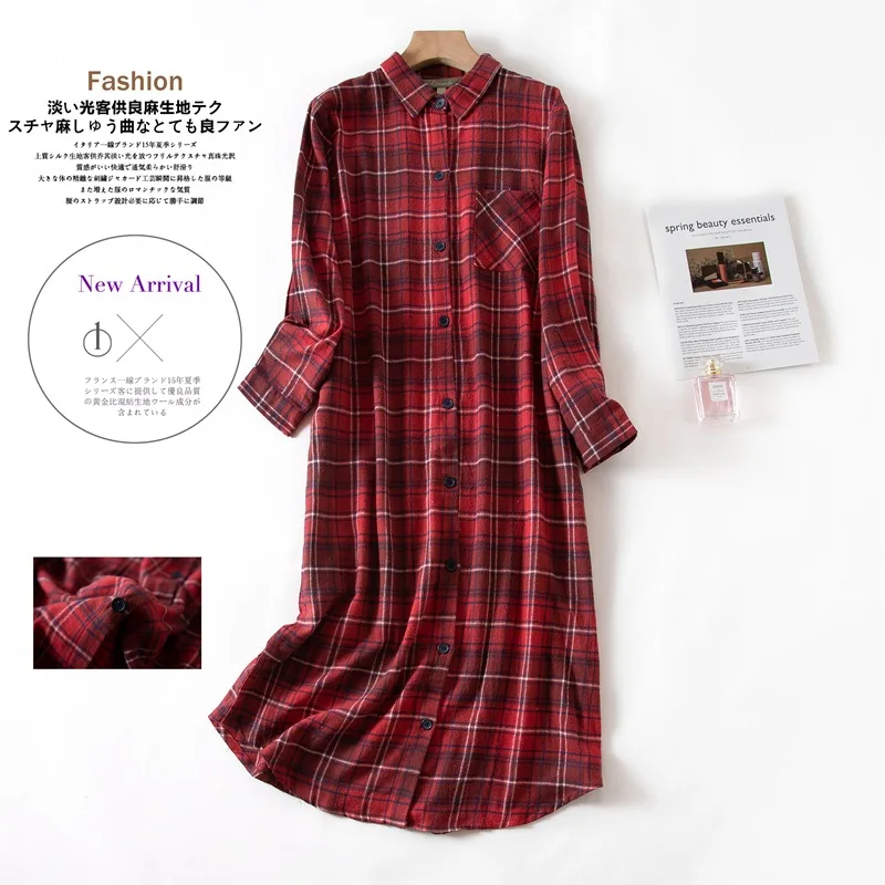 Women's Long Sleeves Plaid Flannel Nightgown 100% Warm Cotton Midi Sleepshirt Button Down Pajamas Sleepwear Plus Size Nightshirt