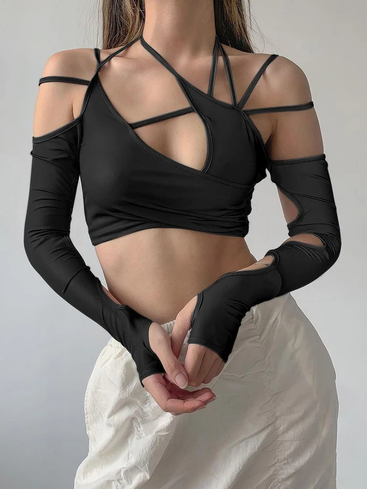 

Однотонный женский топ Goth Cyber Y2k Techwear в стиле панк, топы с лямкой на шее, готический укороченный топ с длинными рукавами Egirl в стиле пэчворк, пи...