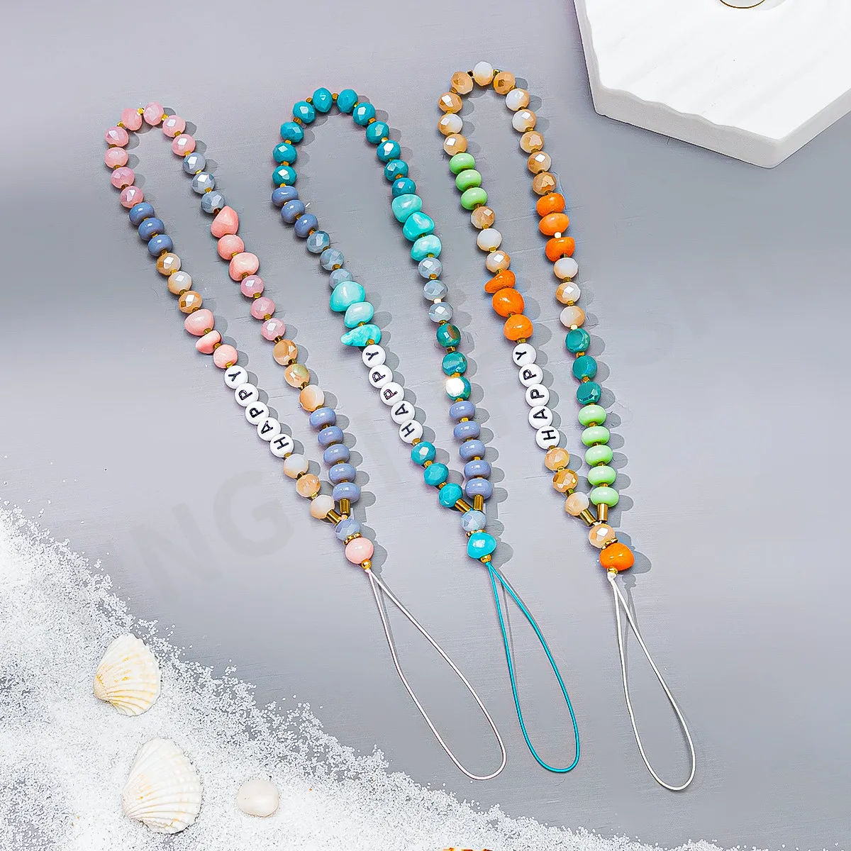 

2022 Trend Crystal HAPPY Letter Mobile Strap Phone Chain Women Colorful Beaded Cellphone Pendant Anti-Lost Lanyard Charm Jewelry