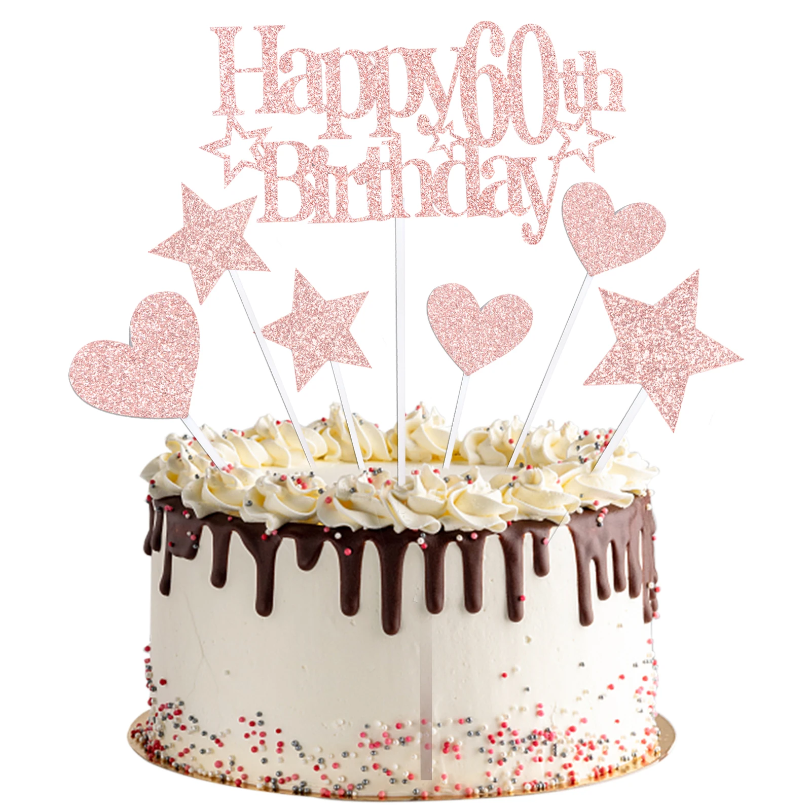 

Набор для торта в форме сердца со звездой и надписью Happy 60th топперы для торта на день рождения, бумажные вставки, украшения для дня рождения