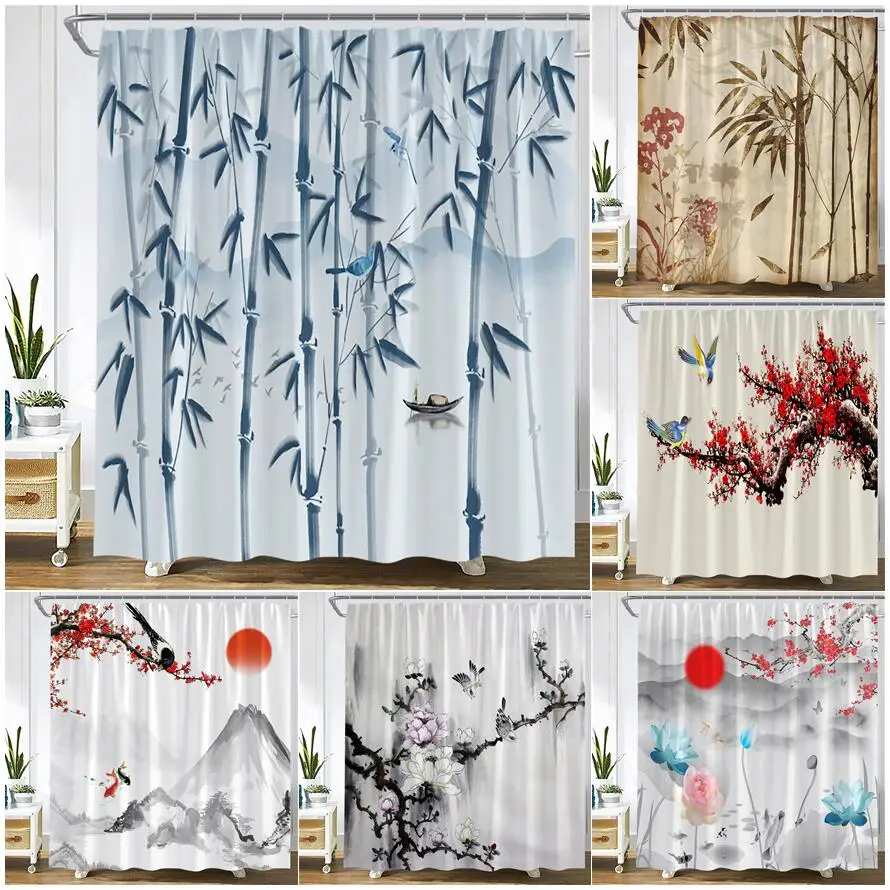 

Bamboo Shower Curtain Red Flowers Plant Lotus Bird Carp Mountain Asian Ink Landscape Wall Hanging Fabric Bathroom Decor Curtains