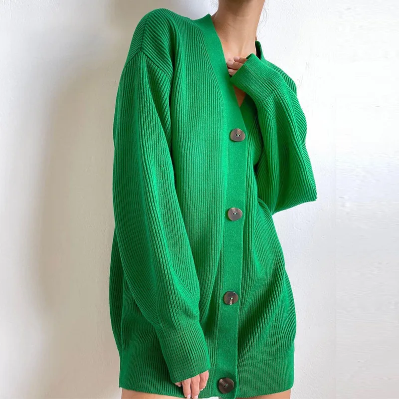 

2021 Autumn/Winter Green Cardigan Women's Long Sleeve Knit Cardigan Button Casual Fashion Loose Knitted Sweater Vintage Sweater