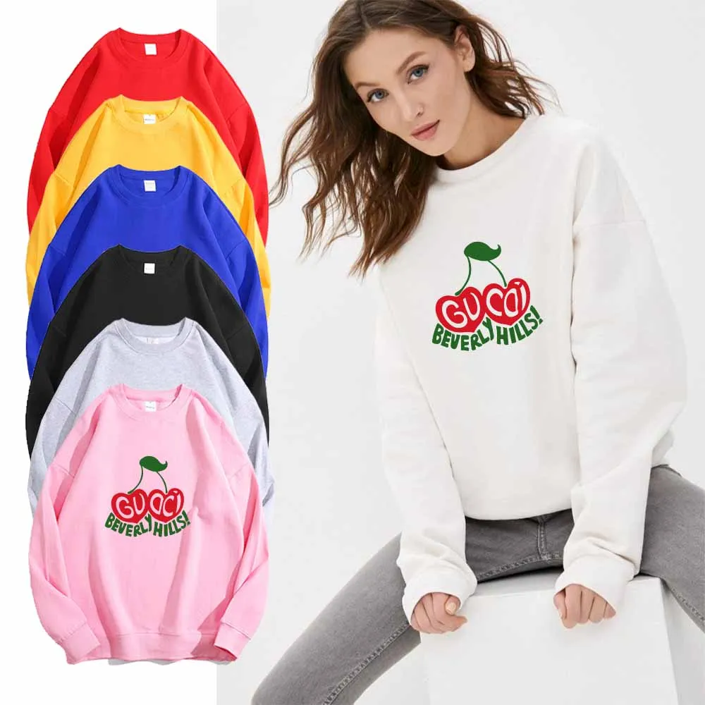 

New Women's Hoodies Cherry Print Autumn Winter Round Neck Long Sleeve Casual Sports Female Pullover Clothing