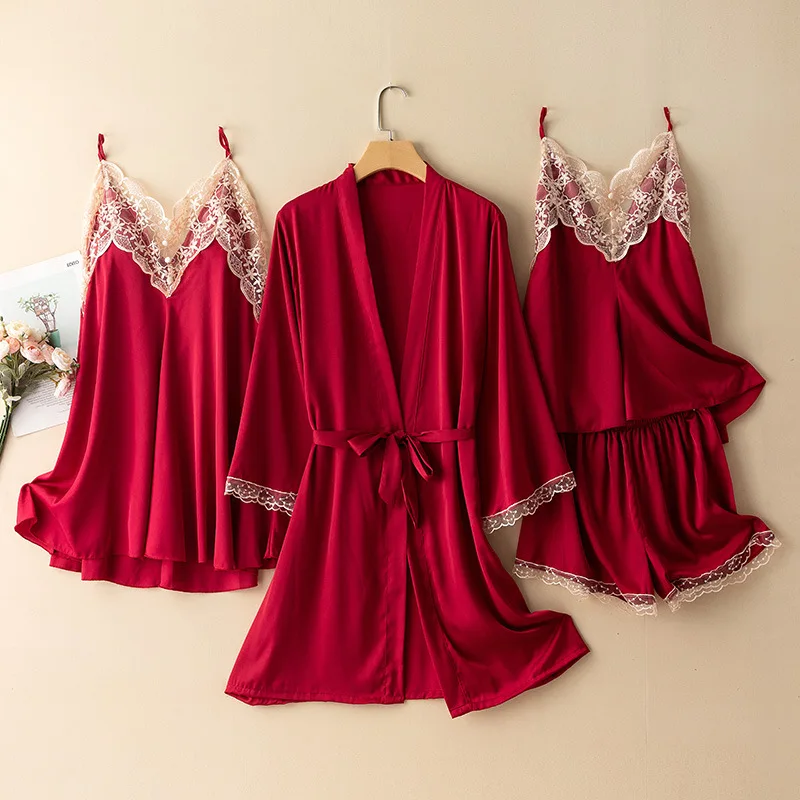 

V-Neck Robe Gown Pajamas Suit Women Bathrobe Sleepwear Nightgown Lace Sleep Set Satin Pyjamas Casual Home Clothes