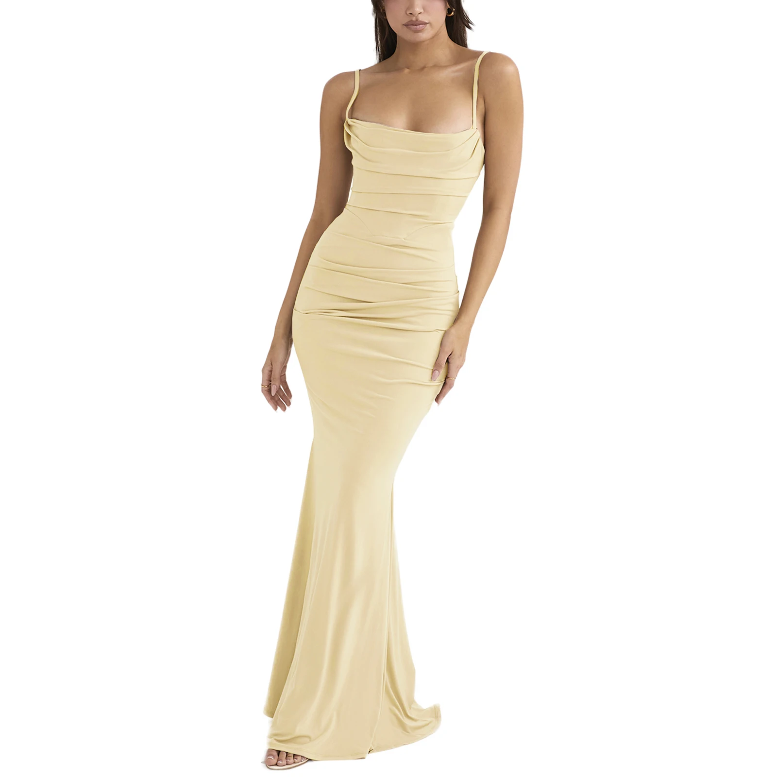 

Women Summer Long Evening Dress Vintage Solid Color Sleeveless Low Cut Ruched Floor Length Dress