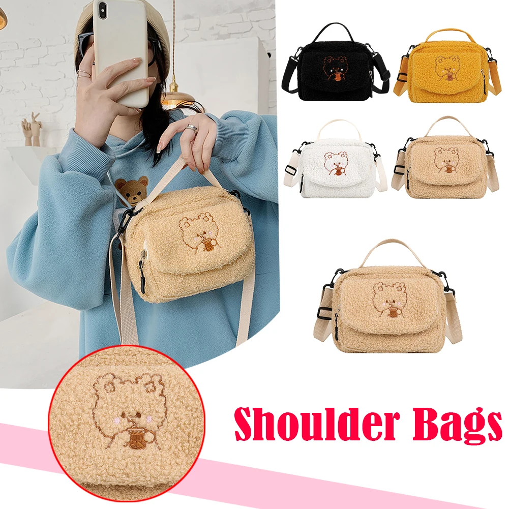 

Plush Soft Messenger Bag Cute Bear Women Shoulder Messenger Bag Mini Small Japanese Flap Pocket Autumn Winter Sling Purse