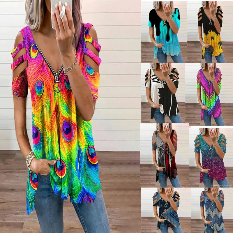 

2022 Spring and Summer New Women's T-shirt V-neck Zipper Pullover Camouflage Peacock Open Short Sleeve Loose T-shirt Women's Top