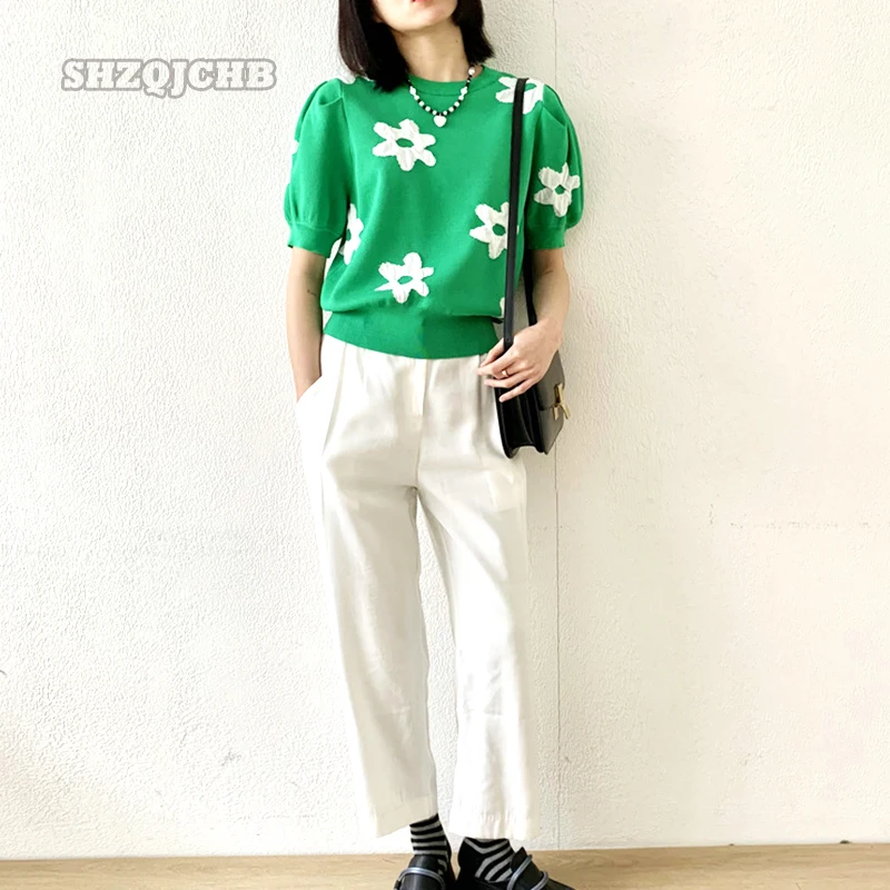 

2022 Early Spring Fashion New Three-dimensional Flower Women's Sweater Temperament Bubble Sleeve Knitting Pullover Short Sleeve