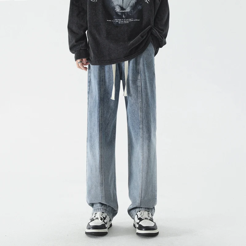 CAAYU New Korean Fashion Jeans Men's Baggy Classic Japanese Streetwear Straight-leg Denim Wide-leg Pants Male Black Gray Jeans