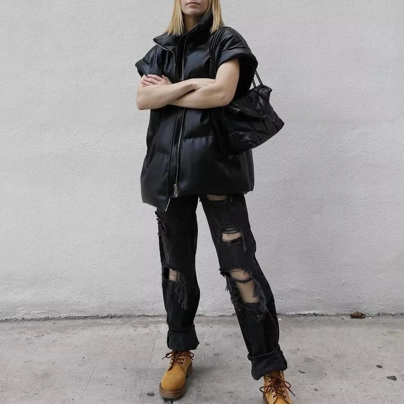 Women's winter leather coats 2022 Black Warm PU sleeveless jackets Chic Oversized cotton padded vest Female casual INKEO 2O154