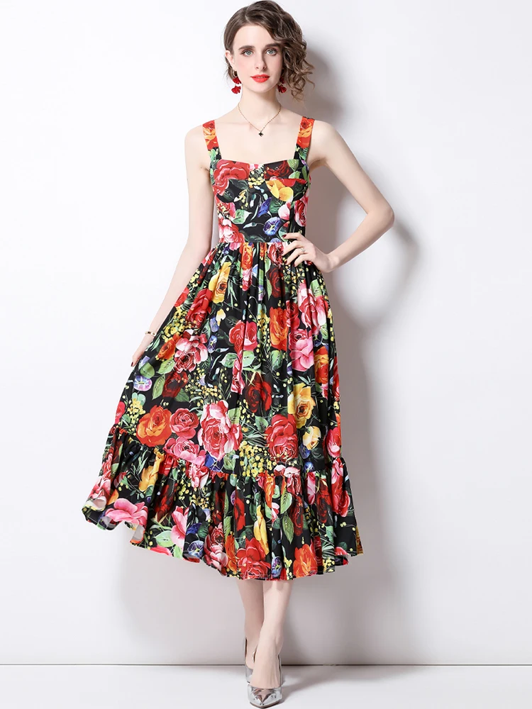 

Summer New Women Casual Beach Outing Elegant Chic Floral Print Camisole Sexy Strap Dress Runway Design Party Vestidos S9923