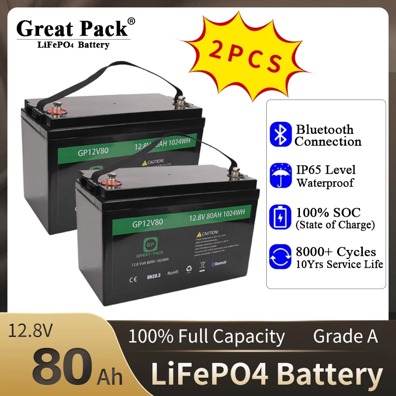 

100% Full Capacity LiFePO4 2PCS 12V 80Ah Rechargeable Battery Pack Lithium Iron Phosphate Bluetooth Waterproof Power Bank