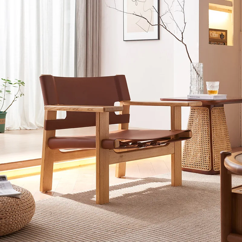 

Designer saddle leather sofa chair, Italian minimalist home backrest adjustable B&B hotel light luxury lounge chair