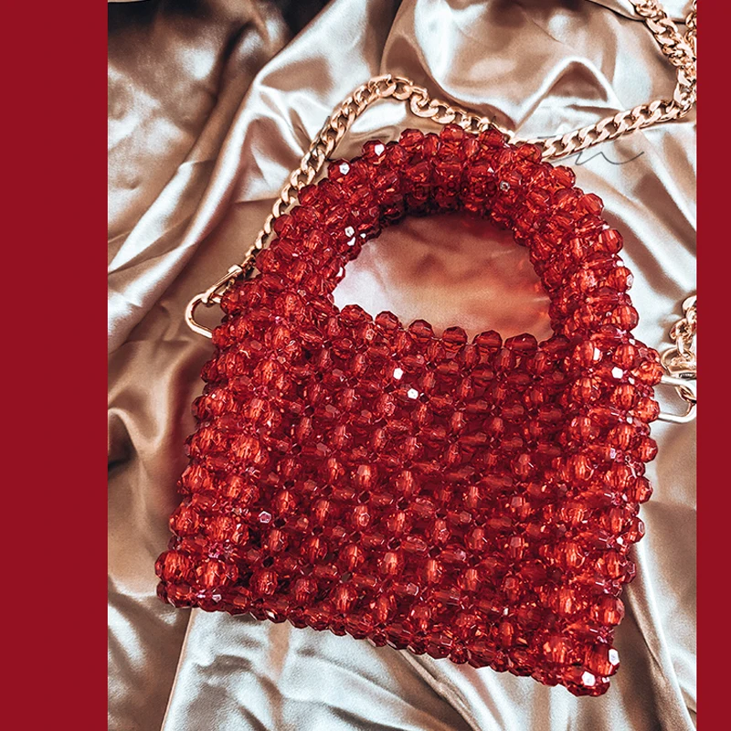 

andmade Beaded Crystal Clear Handbags Retro Wine Red Small Crossbody Bags for Women Fashion Cute Tote Bags for Women Purses