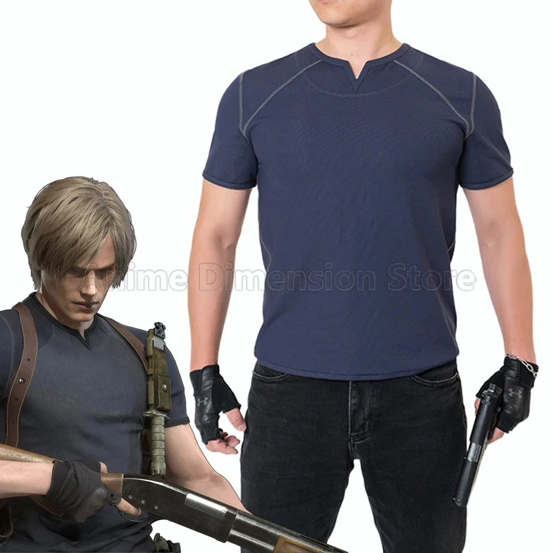 Фото Костюм для косплея Леона Скотта Кеннеди из Resident Evil Remake (3x4x6/Game Biohazard), синяя футболка для мужчин; 5,b'7\k. №2