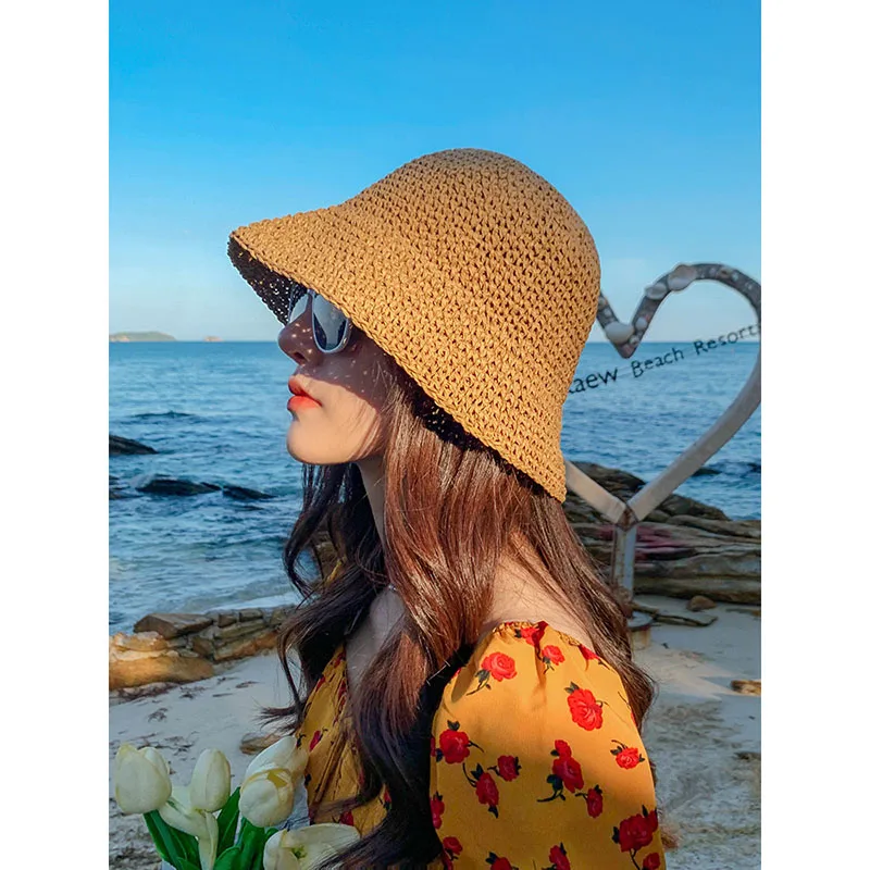 

2022 New Women's Bucket Hat Cap Female Women's Summer Hats Braided Straw Hat Fishing Hat Hat Elegant for Women Beach Straw Hat