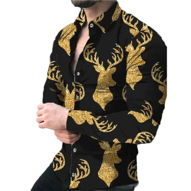 

Fashion Luxury Social Men Shirts Turn-down Collar Buttoned Shirt Casual Deer Print Long Sleeve Tops Men's Clothing Prom Cardigan