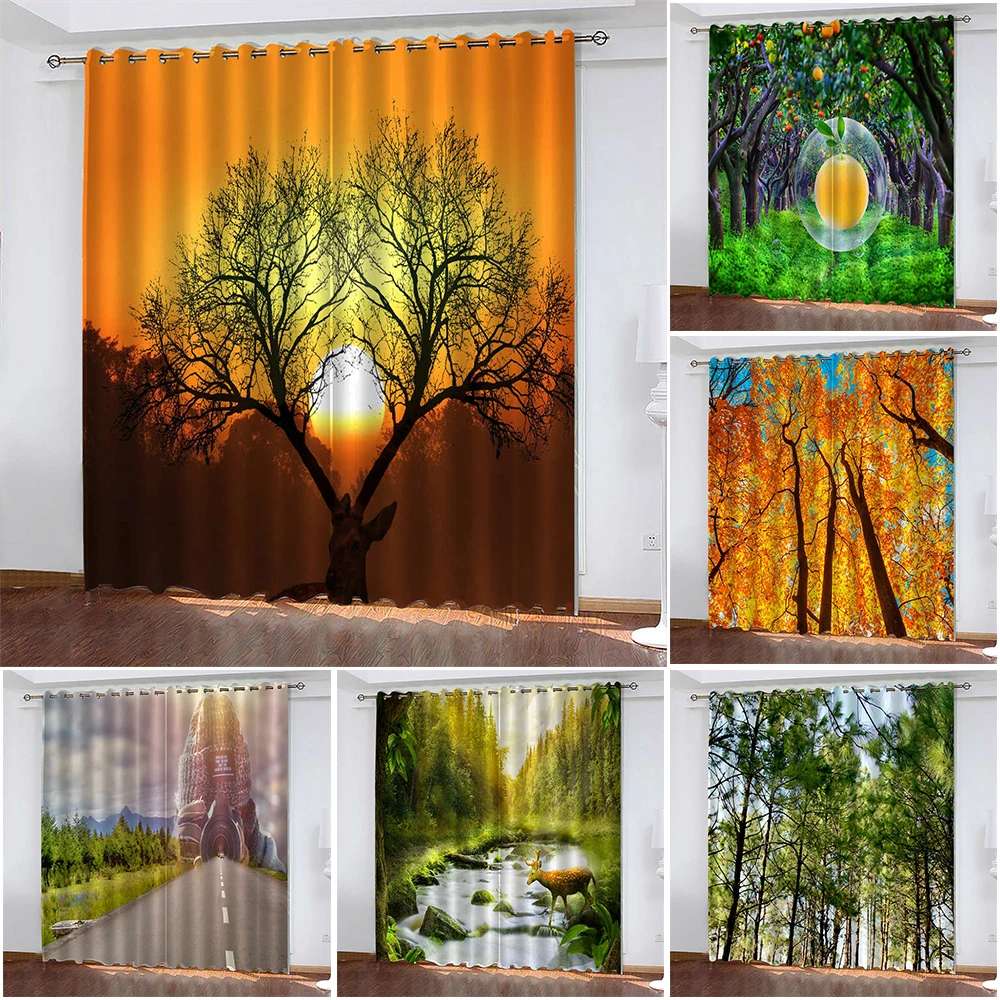 

Роскошные занавески с принтом деревьев и заката для спальни, занавески для гостиной, открытые затемняющие занавески, занавески для гостино...