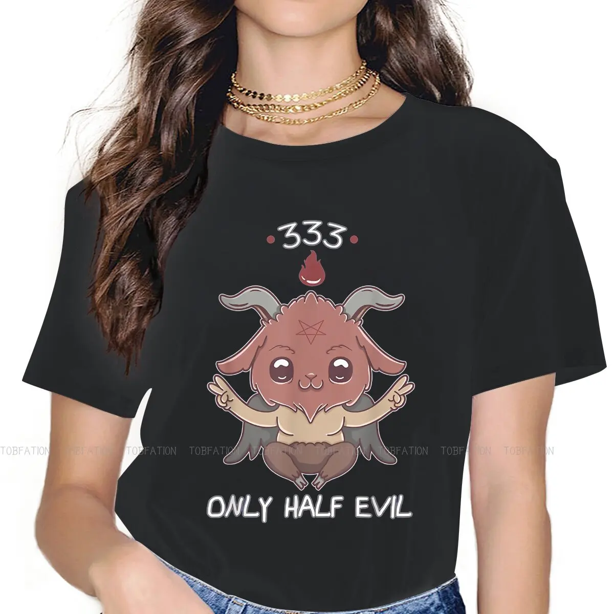 

333 Only Half Evil Kawaii Satan Cute Satanic Devil Classic Women's T Shirt Baphomet Art Girls Tees Harajuku Cotton Basic Tshirt