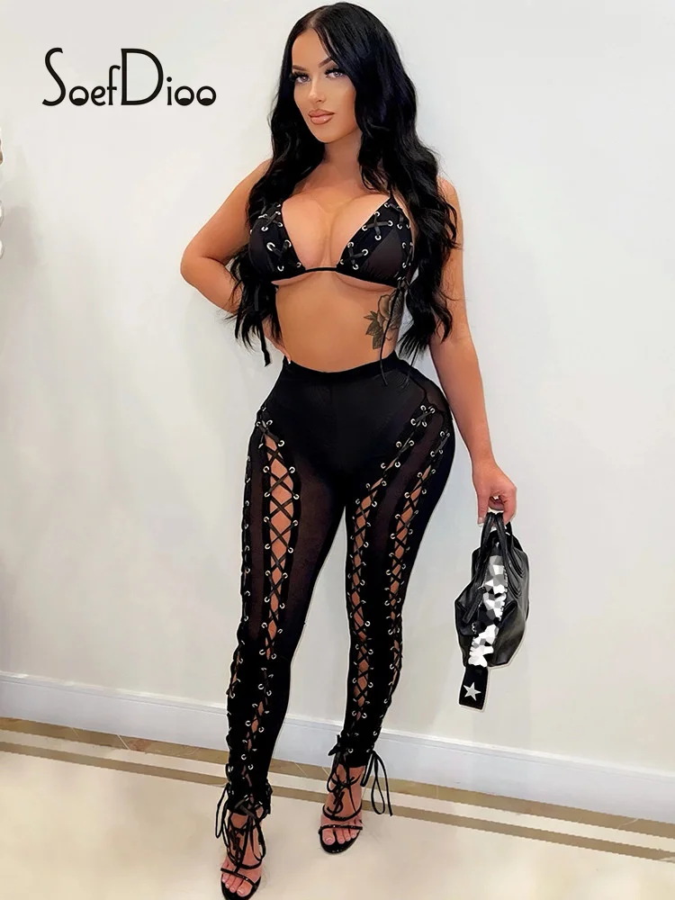 

Soefdioo Sheer Mesh Hollow Out Bandage Bikini Tops and Pencil Pants Two Piece Set Women 2022 Summer Sexy Club Outfits