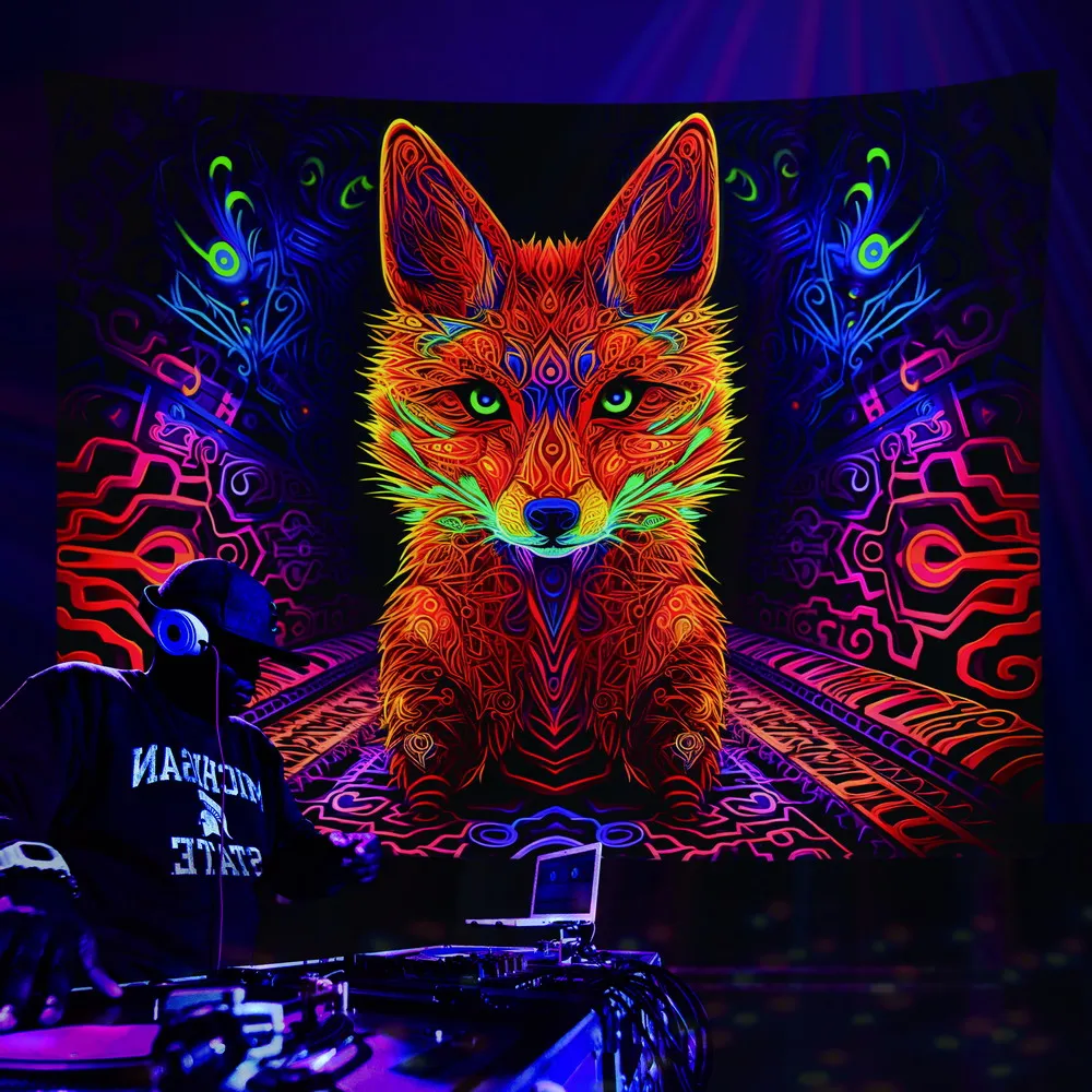 

Black Light UV Tapestry with Psychedelic Fox hippe DJ Design for Party Decor Wall Tapestry