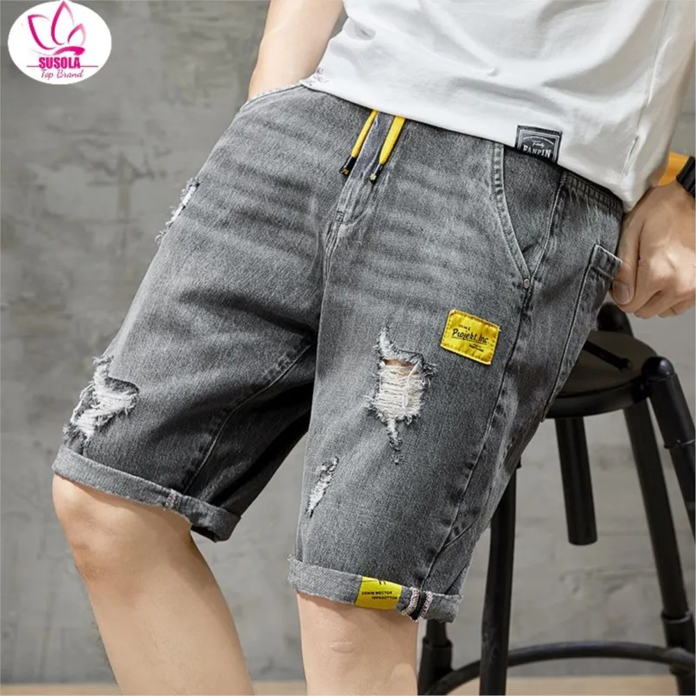

SUSOLA Summer New Beach Casual Men Shorts Straight Ripped Knee Length Denim Shorts Drawstring Loose Hole Male Short Jeans
