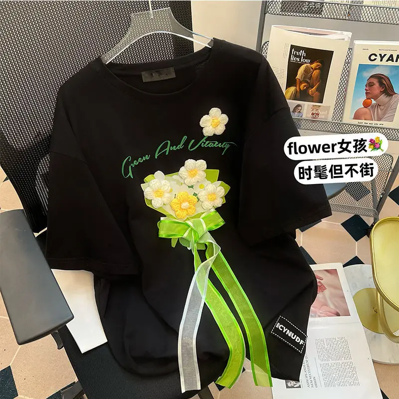 

Loose 3D Flowers Letter Shirts for Women Bow Summer Print Crew Short Sleeve Black Woman Tshirts Ribbon Graphic T Shirts 2022