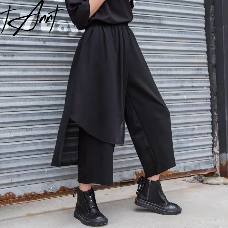 

TANNT Women Pants Chiffon Patchwork Asymmetry Black Wide Leg Pants Irregular Loose Casual Sweatpants Women Ankle-Length Pants
