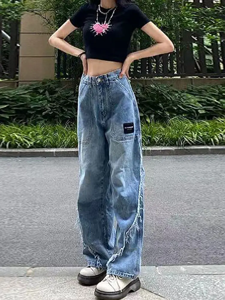 

Women's Jeans Draped Beard Design Vintage Baggy Men Trousers Hip Hop Style Casual Loose Aesthetic Straight Wide Leg Pants Trend