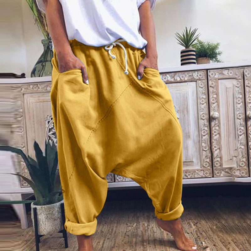 

Women Harem Pants Trousers Boho Mid Waist Pants Women Solid Check Pants Baggy Wide Leg Casual Capris High Quality