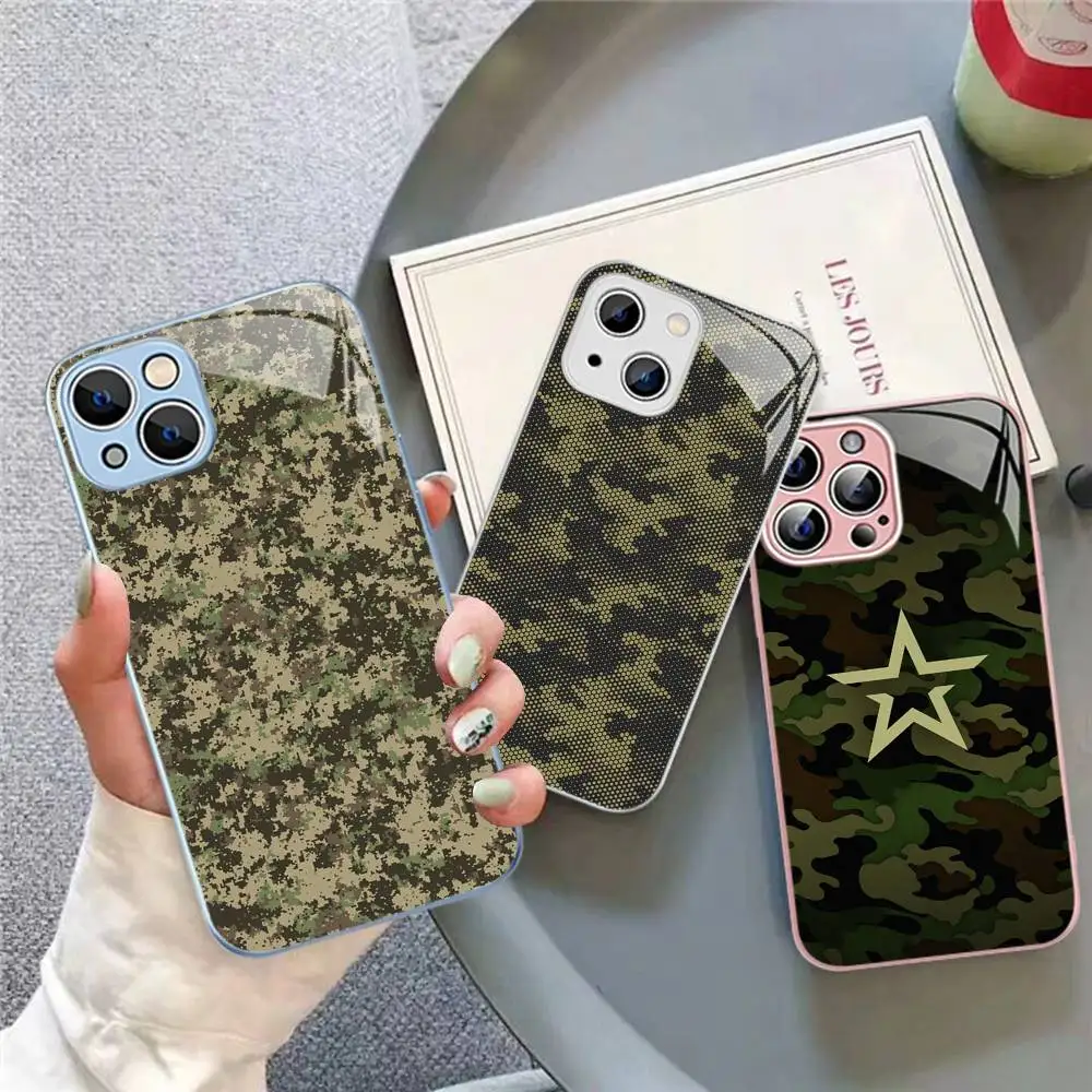 Фото Камуфляжный военный чехол из закаленного стекла для iPhone 14 13 12 Mini 11 Pro XS Max X XR 14 Plus №4