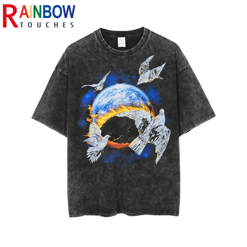 

Rainbowtouches Brand 2022 Washed Men's T Shirt Vintage Unisex Pigeon Earth Design Shirt High Street Graphic Mens T Shirts