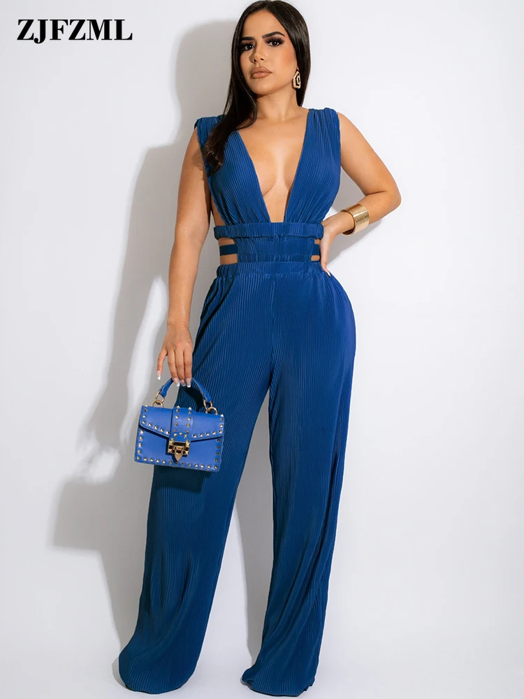 

Stunning Women's Waist Band Cut Out Long Romper Sexy Plunge V-neck Sleeveless One Piece Overalls Fashion Ladies Backless Outfits