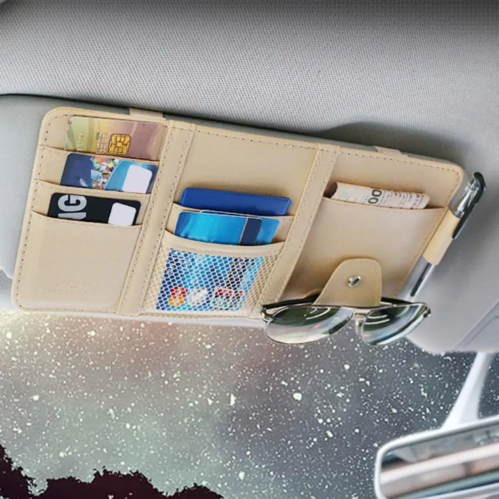 

Car Sun Visor Storage Holder Multi-function Space Saving Organizer Faux Leather Visor Card Document Storage Pouch for Automobile