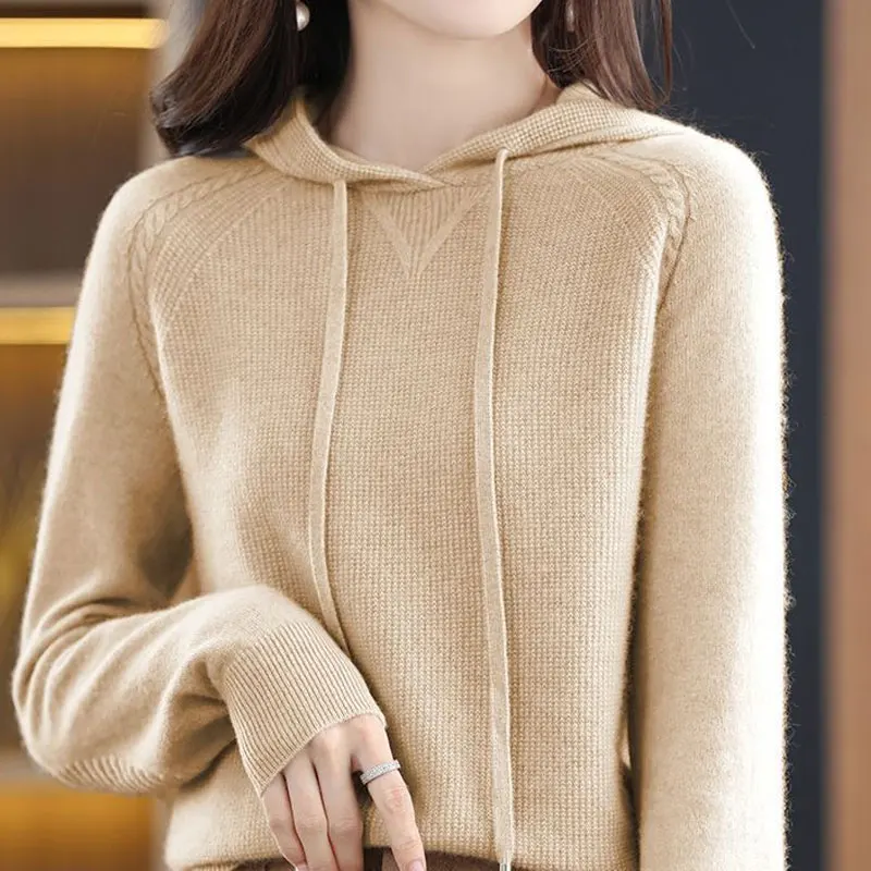 

Autumn Winter Female Clothing Solid Color Pullovers Long Sleeve Sweaters Hooded Sweatshirts Knitted Jumpers Loose Office Lady