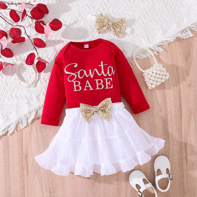 

2022 Winter Children Sets Long Sleeve O Neck Letter Bow Christmas Style Red Cute 2Pcs Roupa Infantil Menina Clothes Sets 0-2T