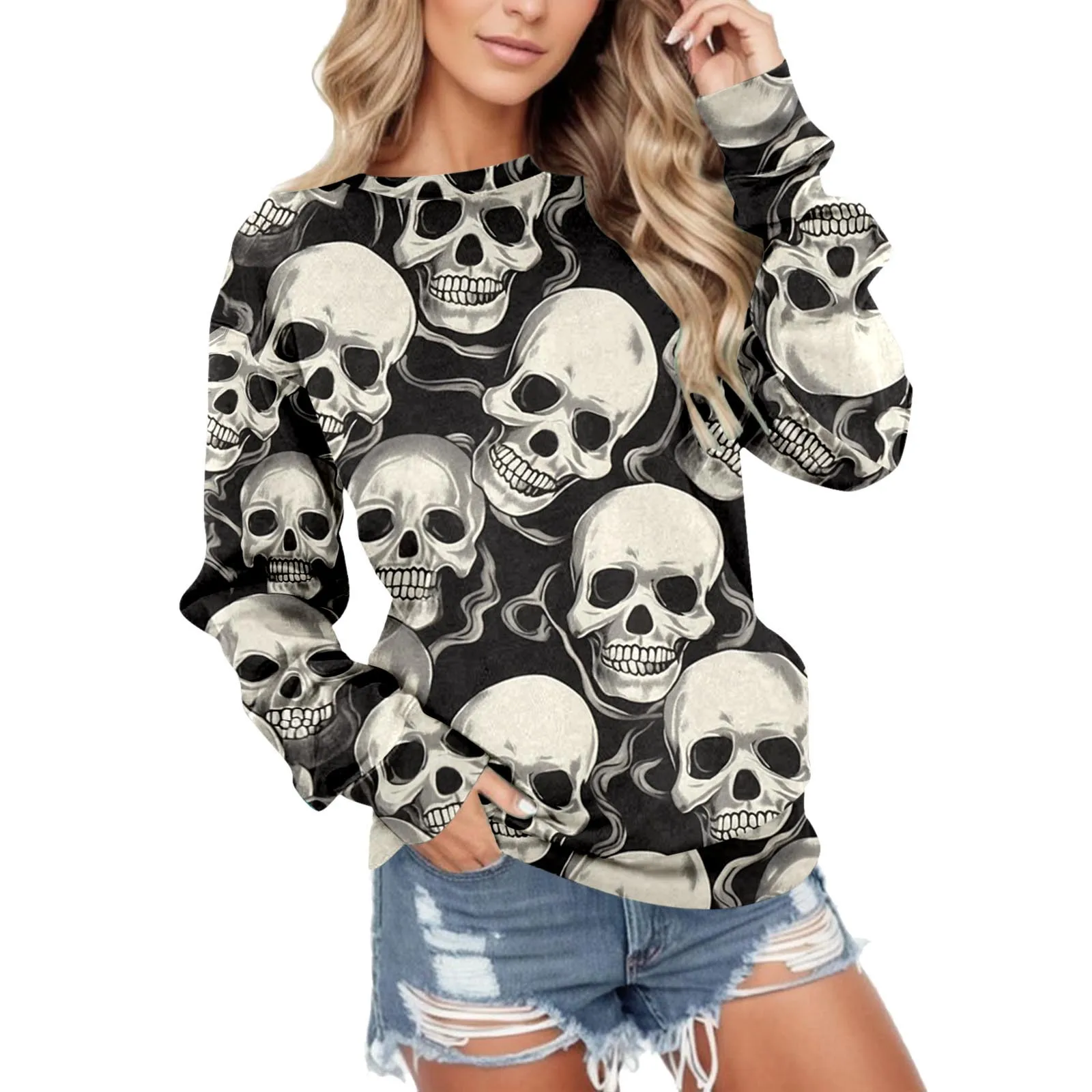

Skull Print Halloween Sweatshirt For Womens Crewneck Sweatshirts Casual Long Sleeve Pullover Ropa Mujer Streetwear Tracksuit Top