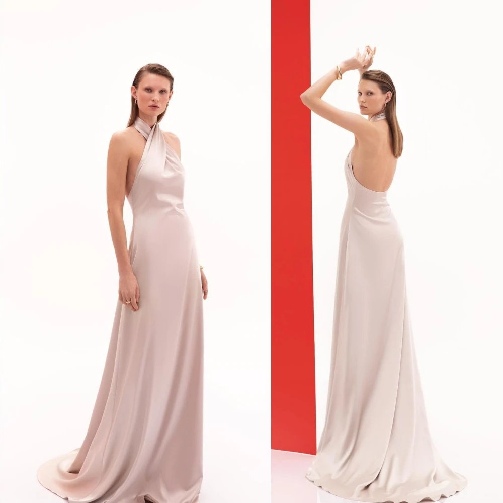 

Элегантное платье-трапеция с лямкой на шее, выпускные платья с открытой спиной, вертикально-атласные вечерние платья до пола, высококачественное изысканное простое платье