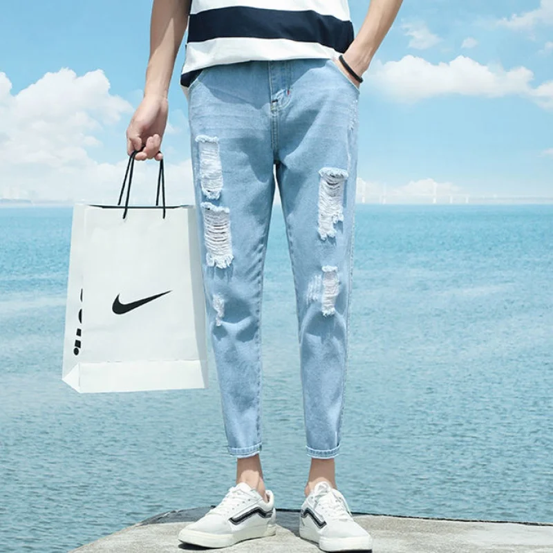 Summer Ripped Jeans Men's Loose Casual Student Versatile Cropped Pants Korean Style Trendy Light Color Pants Men's and Women's T